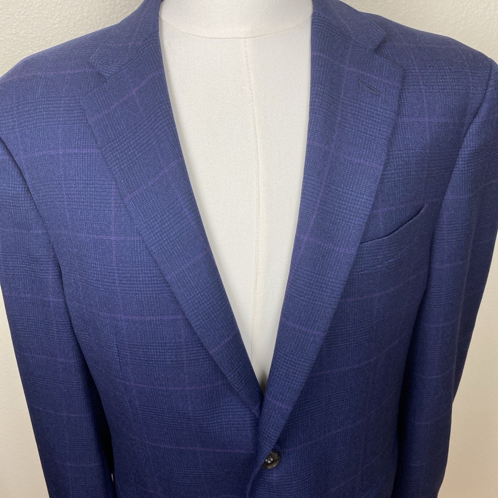 Jos A Bank 1905 Sport Coat 44R Blue Windowpane Wool Brrr Cooling Tailored Fit
